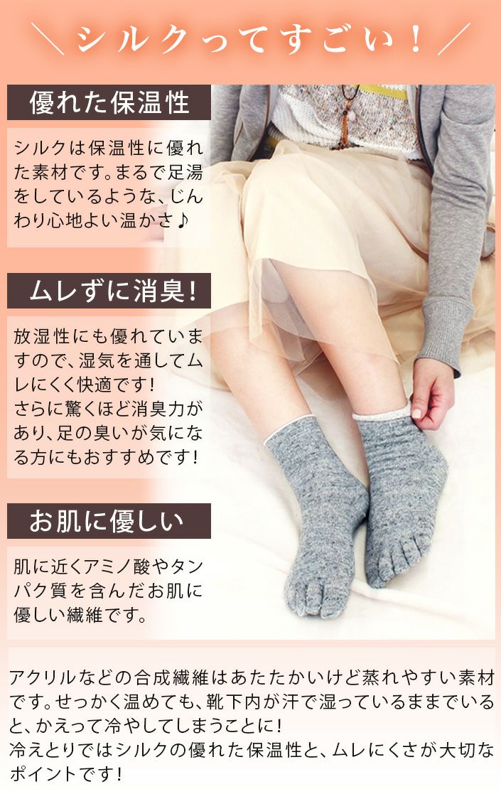冷えとり靴下 内絹外綿 5本指インナーソックス 単品＜Mサイズ＞【バス