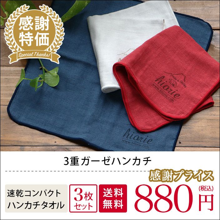 送料無料）＜3枚セット＞＜感謝特価＞日本製 3重ガーゼ ハンカチタオル